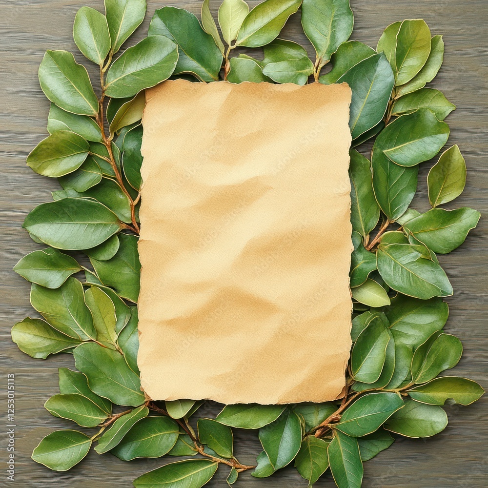 Aufkleber rustic eco-friendly background with green leaves and blank craft paper for creative projects and des