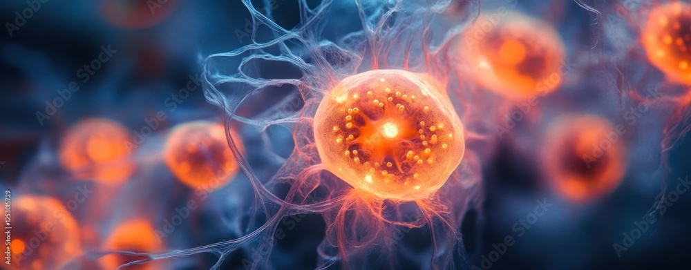 Leinwandbilder microscopic close-up of neon orange cells with fibrous structures in a digital abstract science back