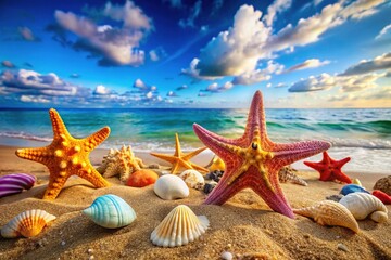 Starfish and Seashells on the Sand Beach at Sea