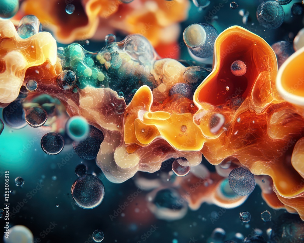 Fototapete abstract colorful organic shapes with bubbles in a vibrant macro world of detailed textures and patt