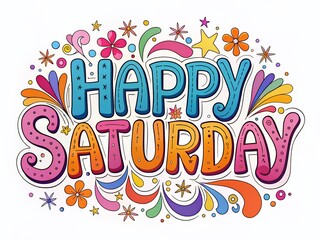 Happy Saturday! Groovy Lettering with Doodles - White Background Stock Photo