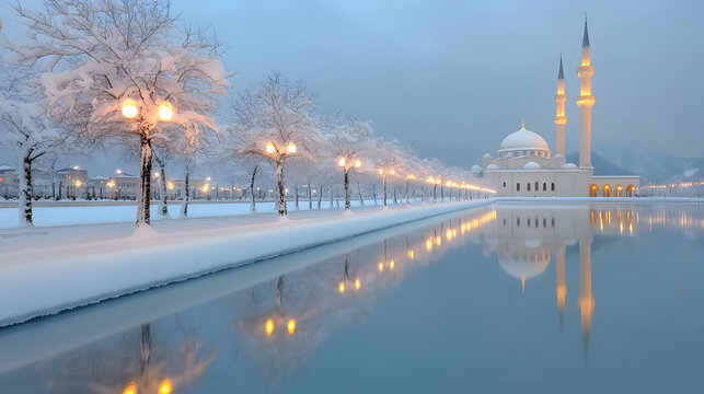 Snowy mosque reflected in winter canal