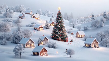 Fototapeta premium A serene winter scene featuring a snow-covered village adorned with a beautifully lit Christmas tree, creating a cozy holiday atmosphere.