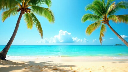 Idyllic Tropical Beach Scene Two Majestic Palm Trees Frame a Pristine Shoreline, Turquoise Waters, and a Tranquil Sky