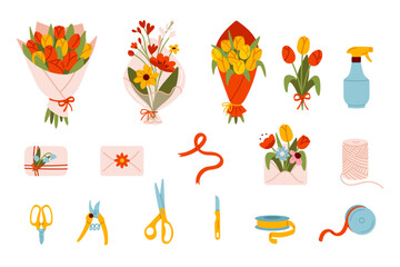 Collection of floral arrangement tools and bouquets, including scissors, ribbons, and gift cards. Perfect for florists and flower shop illustrations