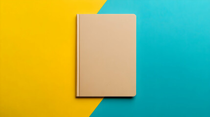 Fototapeta premium A beige hardcover notebook is positioned against a vibrant blue and yellow background, emphasizing contrast and simplicity.