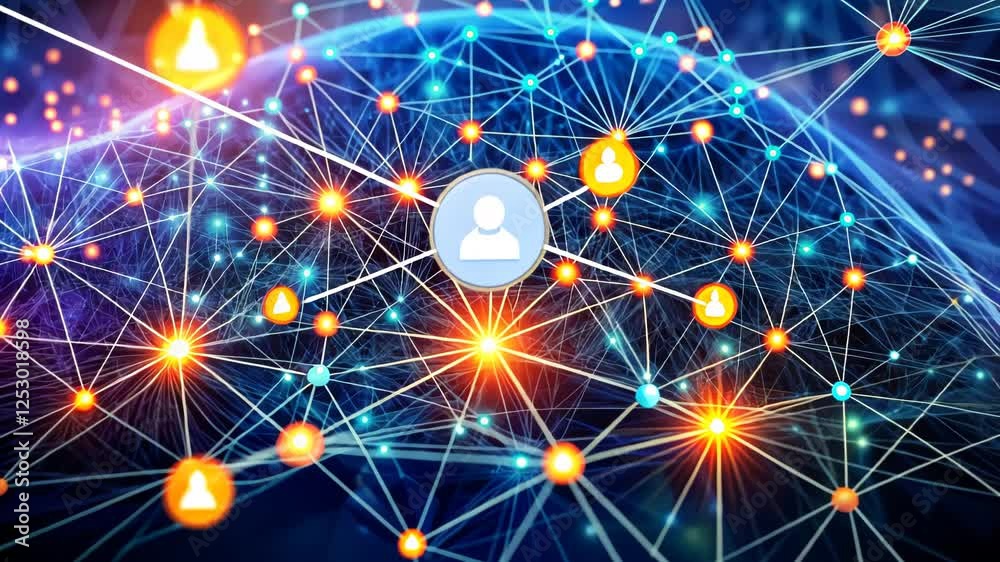 Poster exploring the dynamic connections of a vibrant digital universe filled with glowing nodes and pathwa