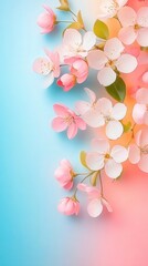 Delicate Blossom Arrangement with Soft Pastel Background in Light Blue and Coral Shades