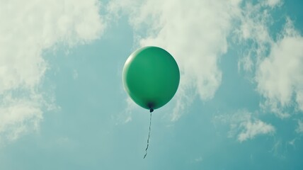 Obraz premium A single green balloon floats against a blue sky dotted with fluffy white clouds, creating a serene and whimsical scene.