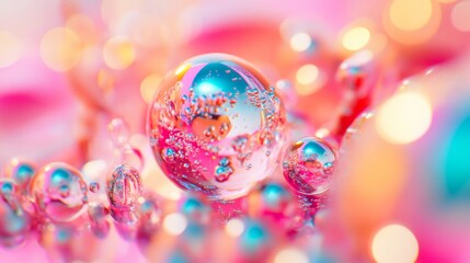 Colorful soap bubbles with reflections and bokeh effect