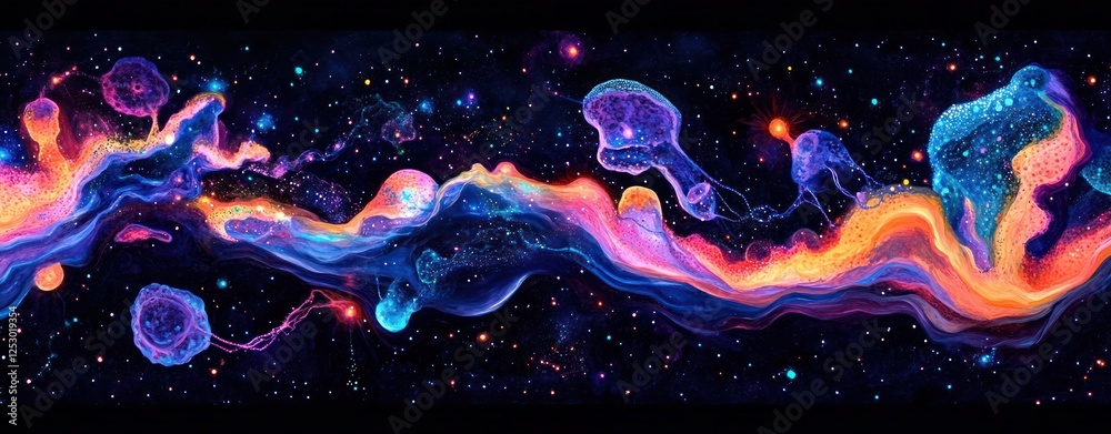 Aufkleber colorful abstract space scene with celestial bodies and swirling cosmic elements in deep black backg