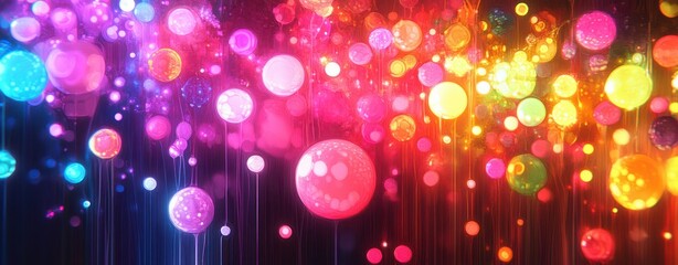 Colorful abstract background with bright orbs and sparkling lights in a dynamic blend of vibrant hues