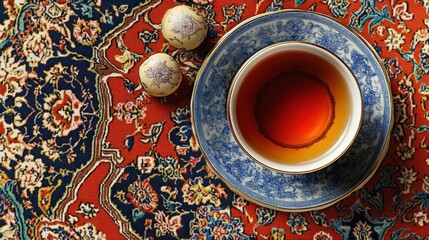 Obraz premium Aromatic Tea on Persian Carpet: A Moment of Tranquility