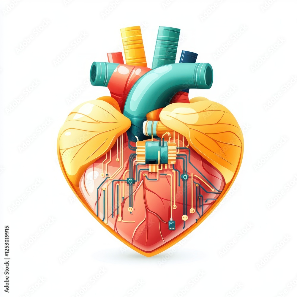 Poster colorful heart with circuit board elements representing technology and healthcare innovations in dig