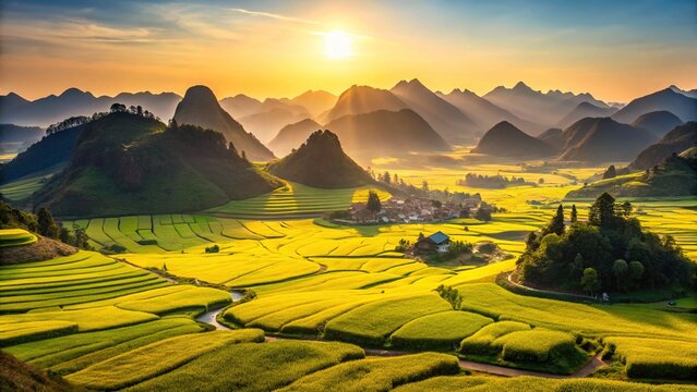 Wanfenglin, China:  Vast rapeseed fields, villages, geological park splendor.