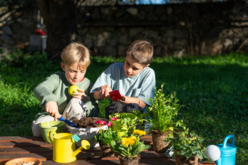 Two brothers planting plants in the garden with copy space