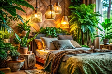 Obraz premium Lush green accents and natural textures create a cozy, inviting bedroom atmosphere. Perfect interior design inspiration.