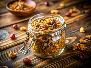 Homemade Roasted Granola in a Jar on Rustic Wooden Table - Healthy Breakfast Food