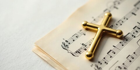 A golden cross rests gently upon aged musical notation, a poignant symbol of faith and melody.