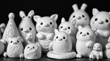 Fototapeta premium Collection of adorable, unpainted animal figurines arranged playfully on a dark surface, showcasing creativity