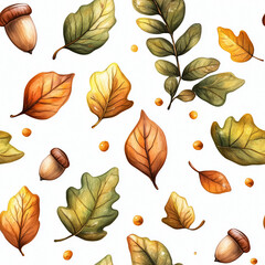 Autumn Seamless Pattern with Leaves in Watercolor Style