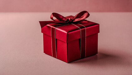 Obraz premium A vibrant red gift box resting on a soft pink background, evoking a romantic atmosphere for Valentine’s Day.