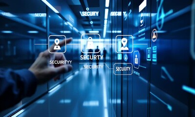 Cybersecurity expert interacts with holographic security interface in server room - Powered by Adobe