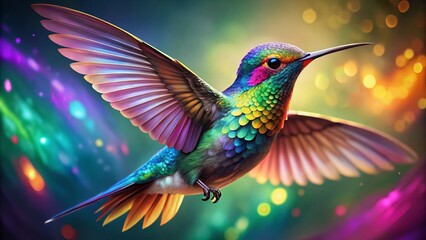 Hummingbird in Flight: Vibrant Jewel-toned Wings, Sharp Focus, High Depth of Field, Digital Art