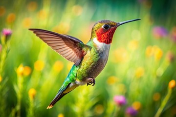 Fototapeta premium Hummingbird Hovering over Lush Green Summer Grass - Nature Stock Photo