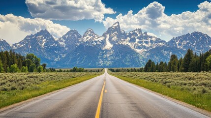 Fototapeta premium Majestic Mountain Road Trip: Scenic Highway towards Teton Range