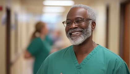 Fototapeta premium Portrait Of A Confident And Smiling African American Male Doctor In A Busy Hospital Corridor