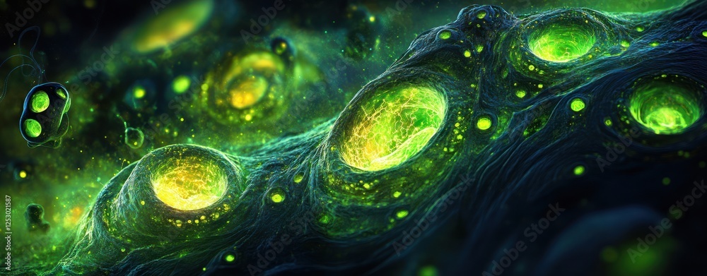 Leinwandbilder abstract visualization of green microbial structures in a dark cosmic environment with glowing detai