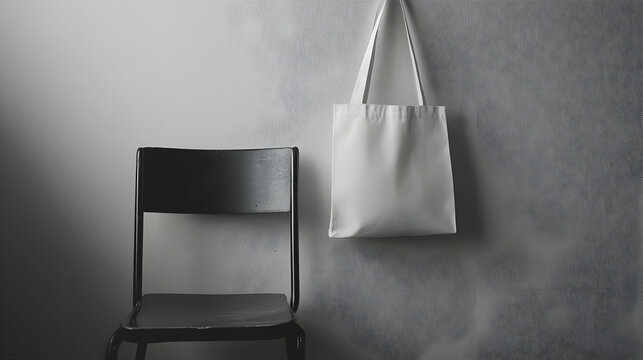 A white tote bag hanging on a wall beside a black chair, conveying a minimalist and modern aesthetic. - Powered by Adobe