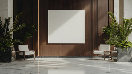 A wooden-paneled interior featuring a large blank white board for branding, framed in a modern and sophisticated setting.