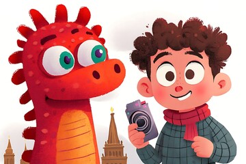 Cute Boy and Dragon Taking a Photo
