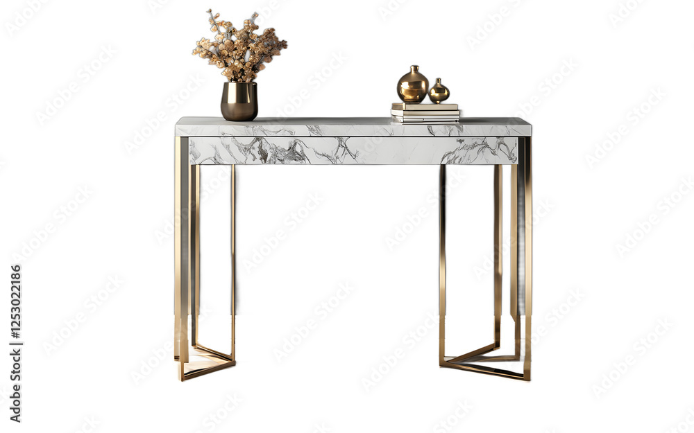 Poster A modern console table with a marble top and sleek metal legs on a empty plain background