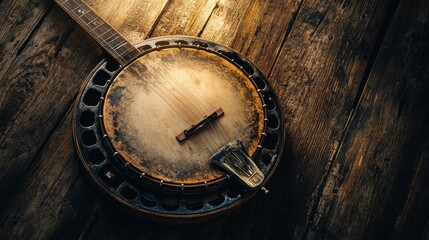 Fototapeta premium A beautifully crafted banjo with a wooden rim and metallic detailing, resting on a rustic wooden table, illuminated by soft natural light.