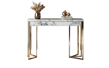 A modern console table with a marble top and sleek metal legs on a empty plain background