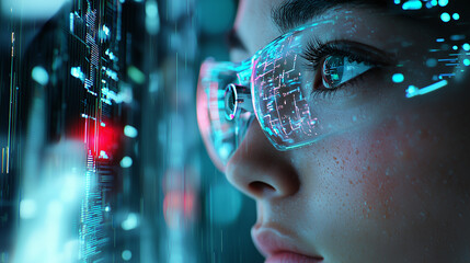 A woman with a cybernetic eye, rain-soaked and illuminated by holograms. Data pulses through her chrome circuitry as drones zip past.