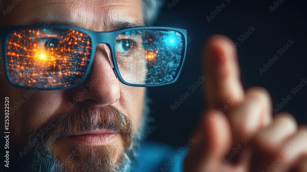 Poster Man with smart glasses interacts with glowing digital interface in a futuristic technology concept environment