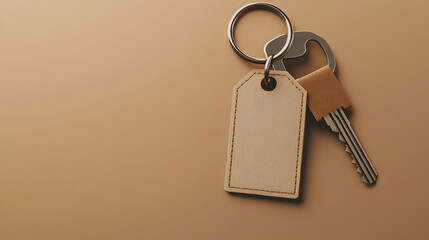 A beige leather keychain with an attached metallic ring, placed on a warm brown surface, evoking a classic and vintage feel.