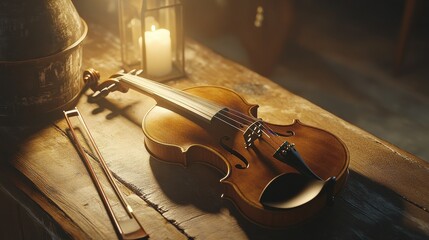 A beautifully crafted violin resting on a wooden table, with its bow placed alongside, illuminated by warm natural light for a classic and elegant feel.
