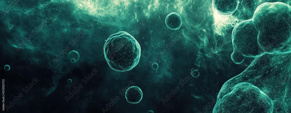 Aufkleber Abstract Representation of Microorganisms Floating in Cosmic Environment with Green Glow and Dark Background
