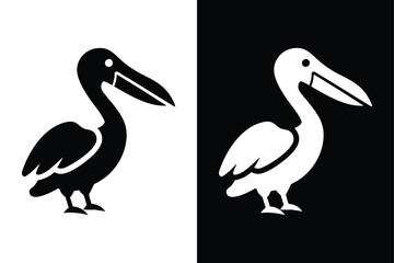  Pelican Bird Silhouette Vector Icon Black and White Background.