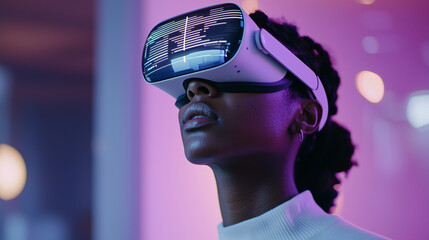 Woman immersed in VR, her headset radiating neon light. Futuristic symbols and data reflect off her skin.