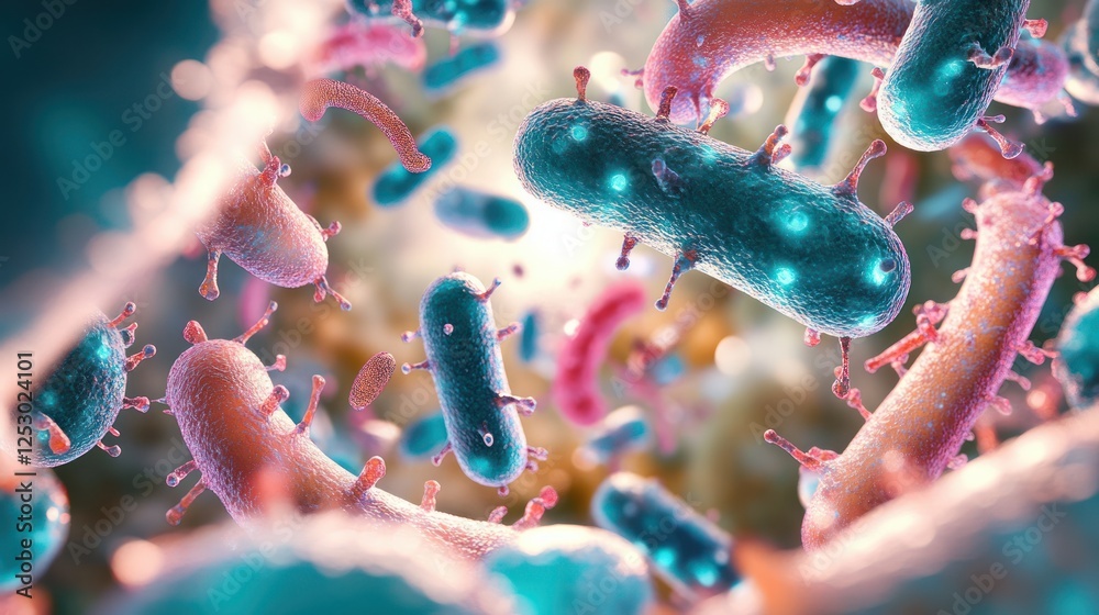 Poster colorful microscope view of bacteria and microorganisms in a laboratory environment