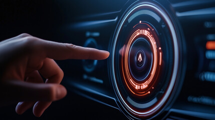 Fingertip pressing an illuminated start button. A futuristic dashboard reflects in the glossy surface.