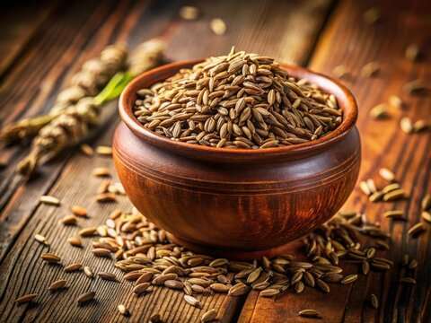 Rustic bowl overflows with fragrant cumin seeds, a high-resolution close-up reveals their aromatic texture.