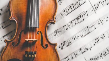 Fototapeta premium A close-up of a violin's strings and bridge, showcasing its intricate craftsmanship, with a blurred sheet of music in the background for a creative composition.