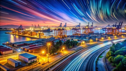 Obraz premium Jiangyin Shipyard Park Nightscape: Long Exposure Photography of Jiangsu Province, China's Industrial Harbor at Night